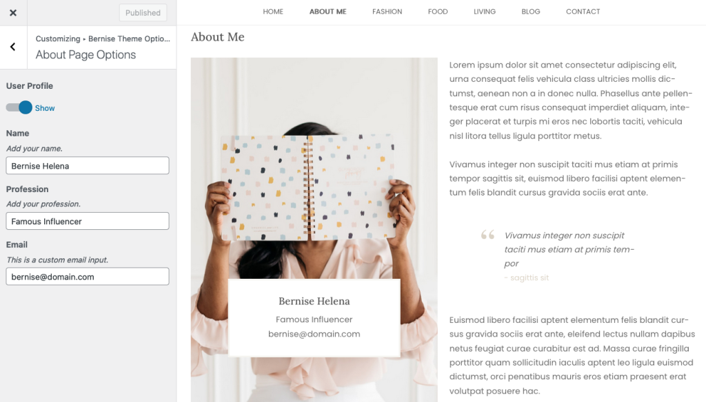 Bernise Feminine WordPress Theme Customizer About Page