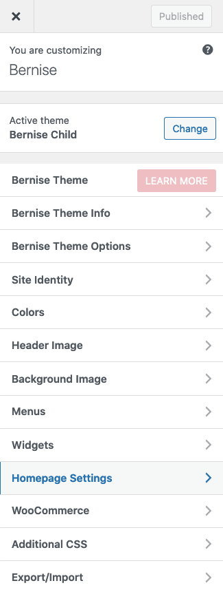 Bernise Feminine WordPress Theme Customizer Homepage Settings