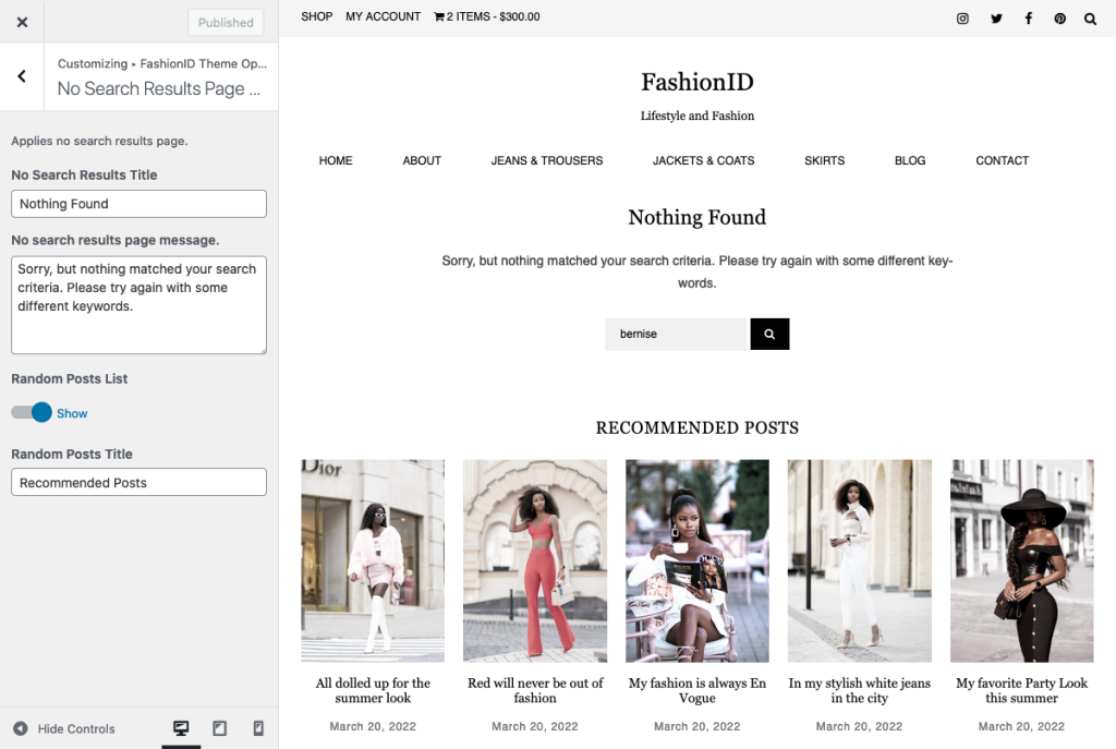 FashionID Feminine WordPress Theme No Search Results Page