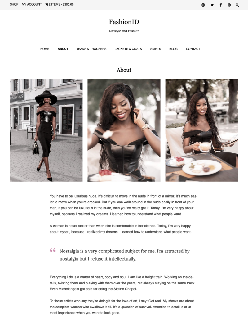 FashionID Feminine WordPress Theme About Page