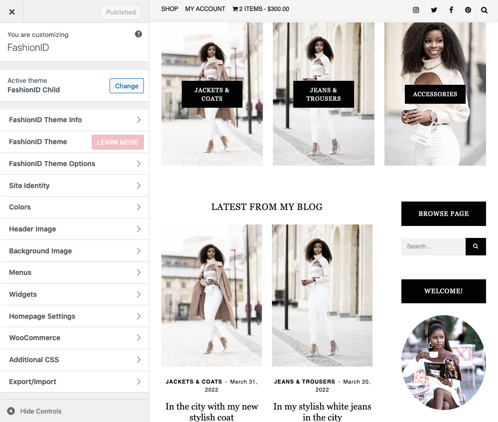 FashionID Feminine WordPress Theme Customizer